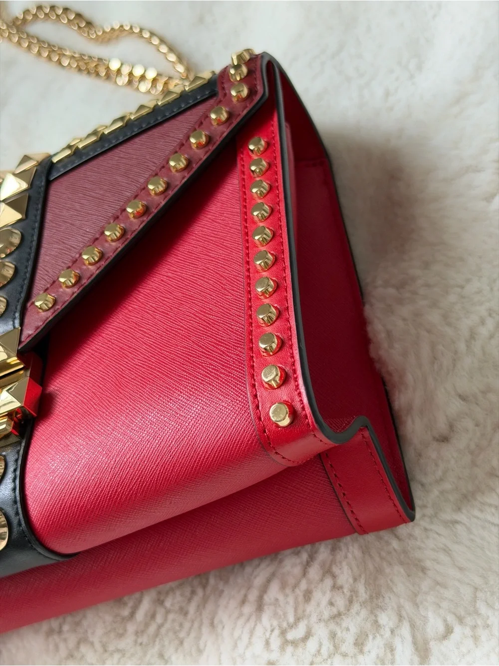 Michael Kors Whitney Studded Chain Strap Shoulder Bag - Red Burgundy Black